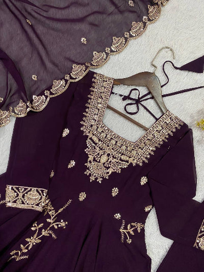 Plum Purple Georgette Embroidered Anarkali Suit Set for Women