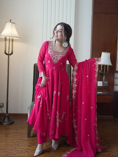 Hot Pink Georgette Embroidered Anarkali Suit Set for Women