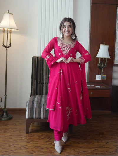 Hot Pink Georgette Embroidered Anarkali Suit Set for Women