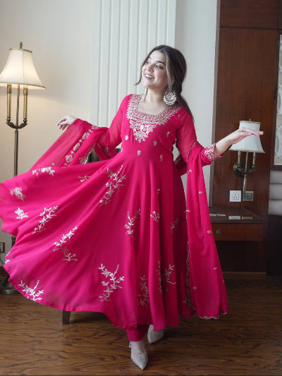 Hot Pink Georgette Embroidered Anarkali Suit Set for Women