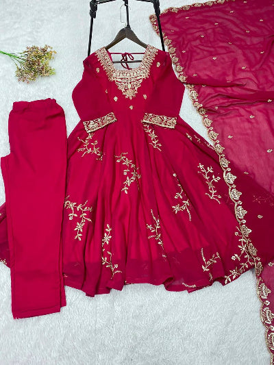 Hot Pink Georgette Embroidered Anarkali Suit Set for Women