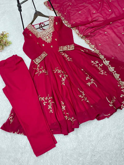 Hot Pink Georgette Embroidered Anarkali Suit Set for Women