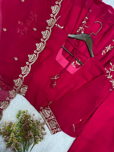 Hot Pink Georgette Embroidered Anarkali Suit Set for Women