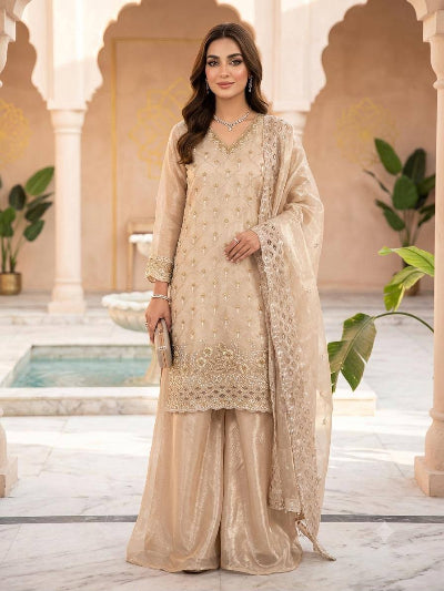 Ivory Gold Rich Embroidery Work Sharara Palazzo Suit for Women