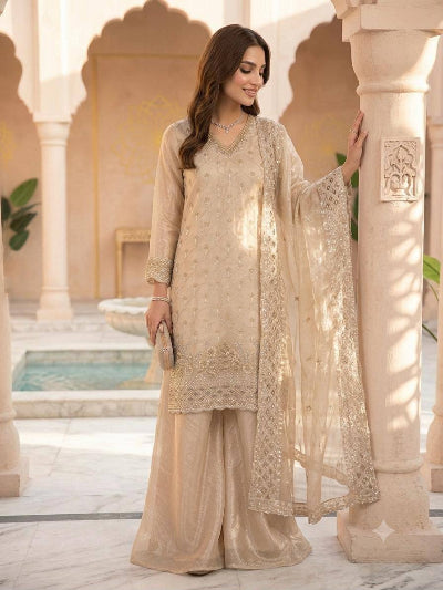 Ivory Gold Rich Embroidery Work Sharara Palazzo Suit for Women