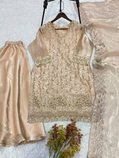 Ivory Gold Rich Embroidery Work Sharara Palazzo Suit for Women
