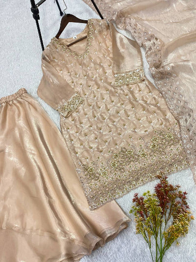 Ivory Gold Rich Embroidery Work Sharara Palazzo Suit for Women