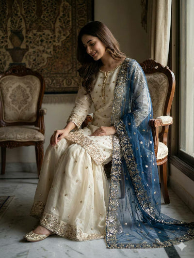 Ivory Cream Gold Embroidery Sharara Blue Dupatta