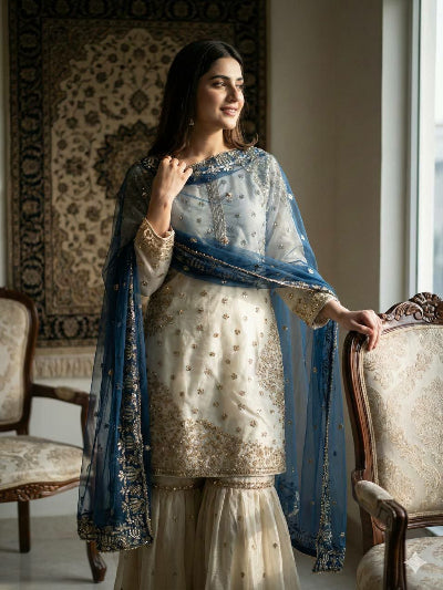 Ivory Cream Gold Embroidery Sharara Blue Dupatta