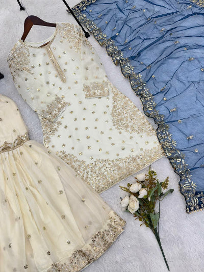 Ivory Cream Gold Embroidery Sharara Blue Dupatta