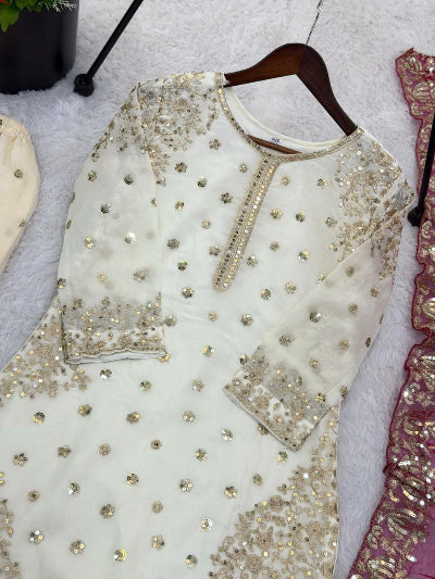 Ivory Cream Gold Embroidery Sharara Blue Dupatta