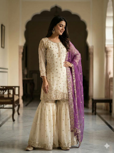 Ivory Cream Gold Embroidery Sharara With Purple Dupatta