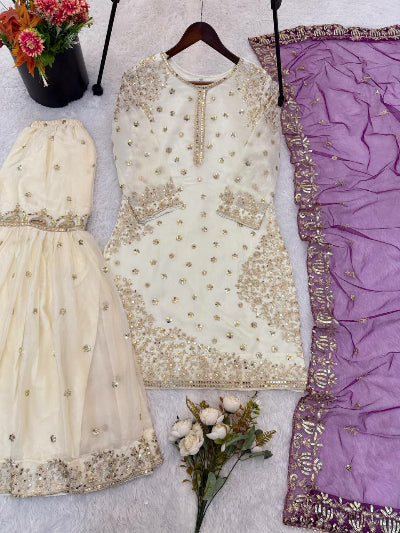 Ivory Cream Gold Embroidery Sharara With Purple Dupatta