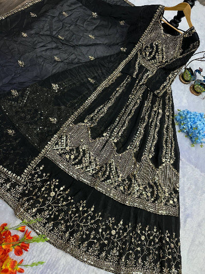 Black Crunchy Silk Embroidered Anarkali Suit