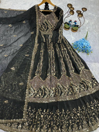 Black Crunchy Silk Embroidered Anarkali Suit
