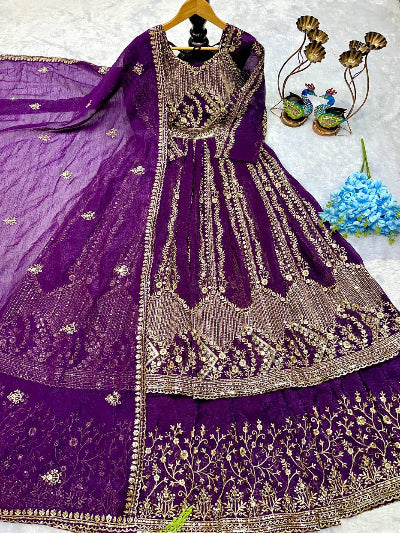 Purple Crunchy Silk Embroidered Anarkali Suit