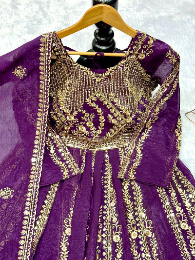 Purple Crunchy Silk Embroidered Anarkali Suit