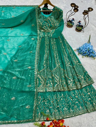 Teal Green Crunchy Silk Embroidered Anarkali Suit