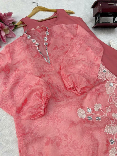 Organza Mirror Work Balloon Sleeve Kurti Pant Set