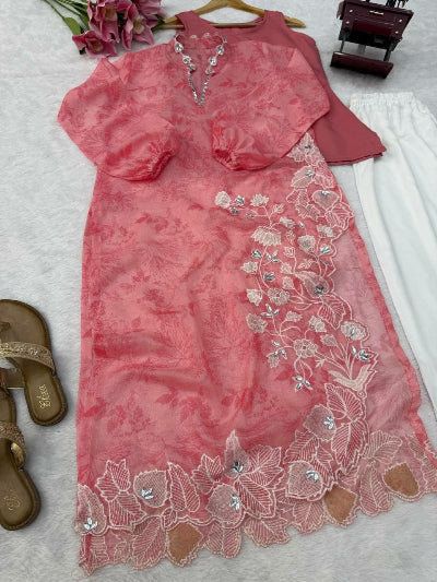 Organza Mirror Work Balloon Sleeve Kurti Pant Set