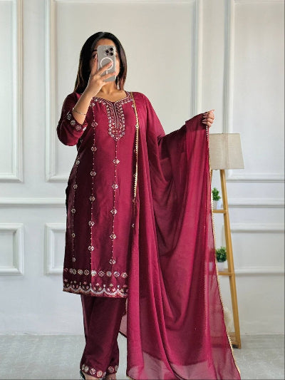 Rich Maroon Embroidered 3-Piece Straight Suit Set