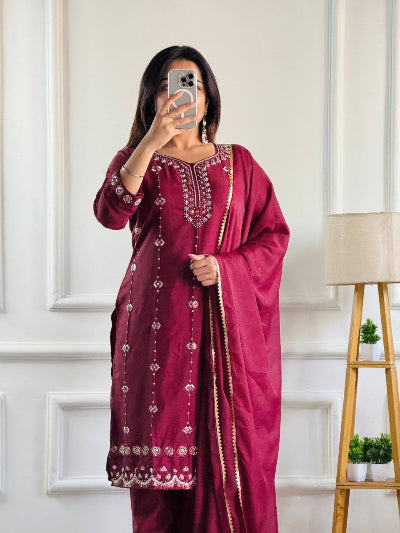 Rich Maroon Embroidered 3-Piece Straight Suit Set