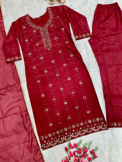 Rich Maroon Embroidered 3-Piece Straight Suit Set