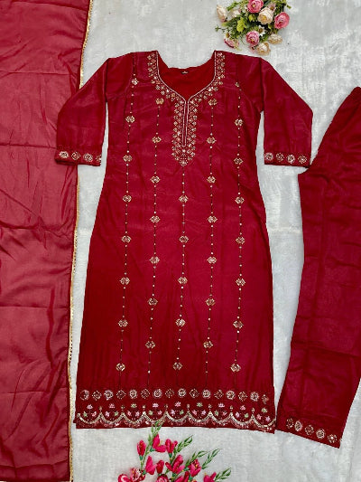 Rich Maroon Embroidered 3-Piece Straight Suit Set