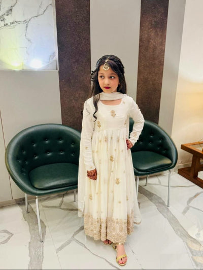 Ivory Gold Kids Embroidery Gown with Dupatta UK Next Day