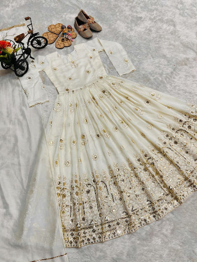 Ivory Gold Kids Embroidery Gown with Dupatta UK Next Day