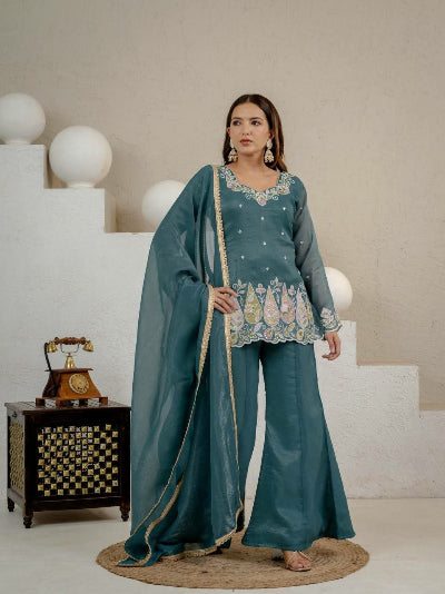 Deep Teal Embroidered Bell Bottom Palazzo Kurti Dupatta Set