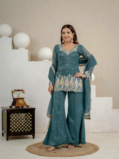 Deep Teal Embroidered Bell Bottom Palazzo Kurti Dupatta Set