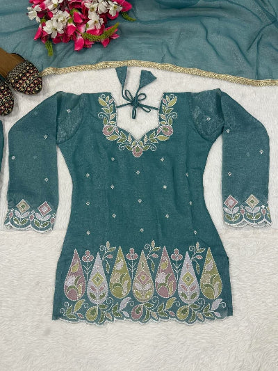Deep Teal Embroidered Bell Bottom Palazzo Kurti Dupatta Set