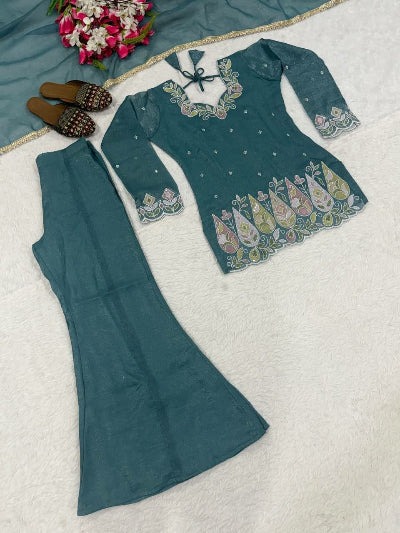Deep Teal Embroidered Bell Bottom Palazzo Kurti Dupatta Set