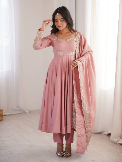 Dusty Pink Embroidered Roman Silk Anarkali Suit Set