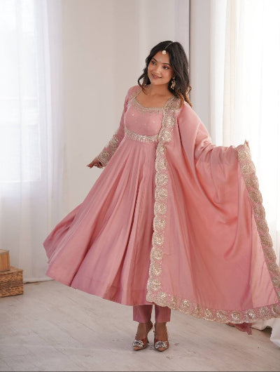 Dusty Pink Embroidered Roman Silk Anarkali Suit Set