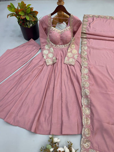 Dusty Pink Embroidered Roman Silk Anarkali Suit Set