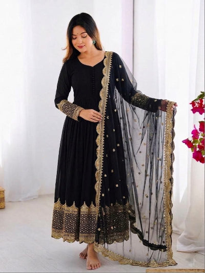 Black Embroidered Georgette Gown with Net Dupatta