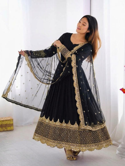 Black Embroidered Georgette Gown with Net Dupatta