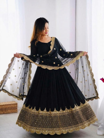 Black Embroidered Georgette Gown with Net Dupatta