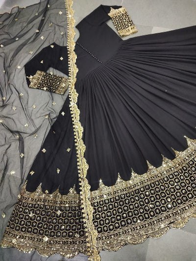 Black Embroidered Georgette Gown with Net Dupatta
