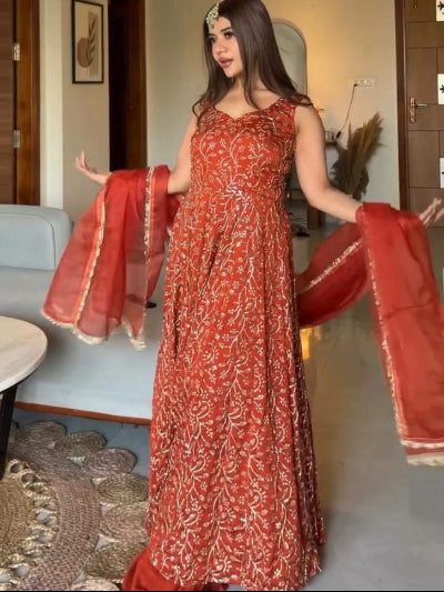 Orange Sleeveless Partywear Anarkali Palazzo &amp; Dupatta