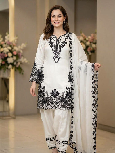 White &amp; Black Designer Embroidered Farshi Salwar Suit
