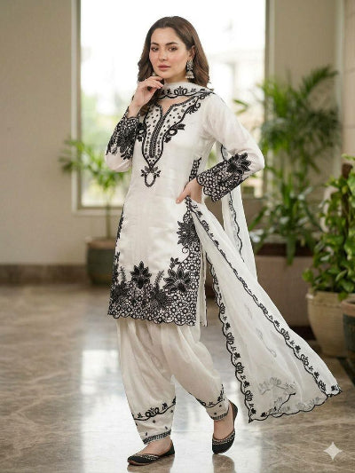 White &amp; Black Designer Embroidered Farshi Salwar Suit