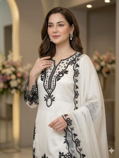 White &amp; Black Designer Embroidered Farshi Salwar Suit