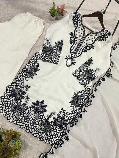 White &amp; Black Designer Embroidered Farshi Salwar Suit