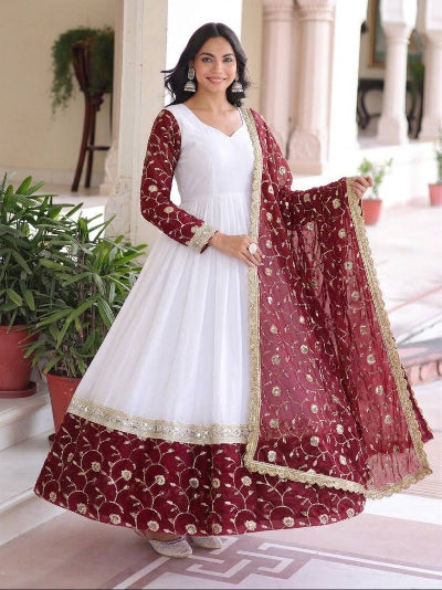 White Maroon Embroidery Gown Dupatta Set Of 2 UK Next Day