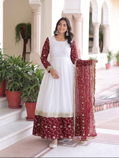 White Maroon Embroidery Gown Dupatta Set Of 2 UK Next Day
