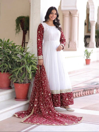 White Maroon Embroidery Gown Dupatta Set Of 2 UK Next Day