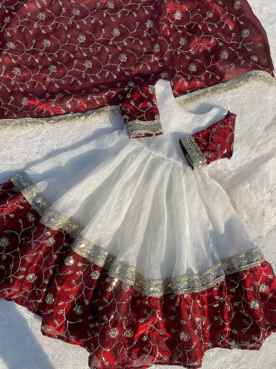 White Maroon Embroidery Gown Dupatta Set Of 2 UK Next Day